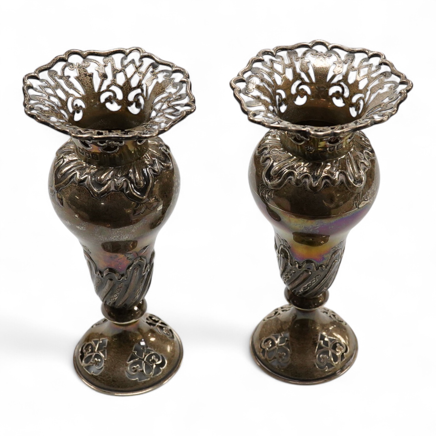 A pair of Edwardian pierced silver spill vases, by William Hutton & Sons, Ltd, London, 1902, height 15.7cm, 8.5oz.